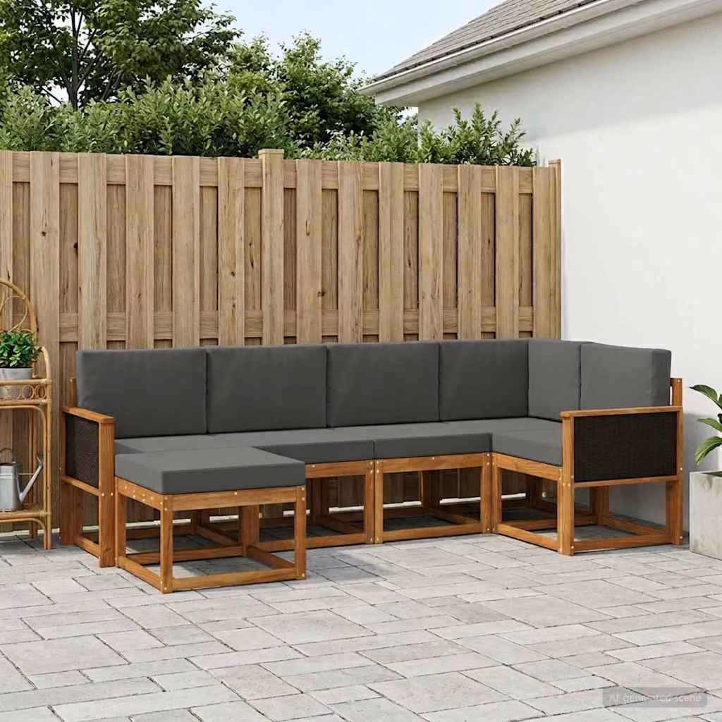Set di divani da esterno vidaXL a forma di L in legno di acacia con cuscini, 6 pezzi, Marrone e Antracite