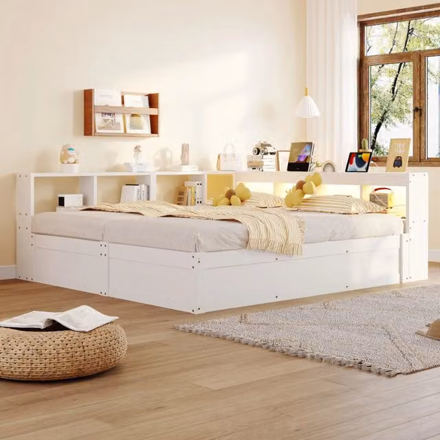 Letto multifunzione 90/180x200 cm con presa; LED e contenitore; bianco