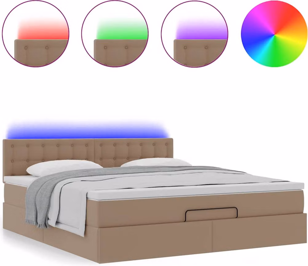 Pouf Letto con Materassi e LED Cappuccino 180x200cm Pelle finta