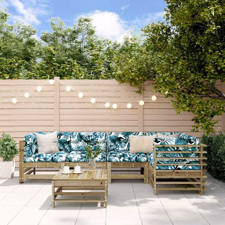 Set Salotto da Giardino vidaXL 6 pz in Legno di Pino Marrone con Cuscini Blu e Decorazione Floreale a Forma di L