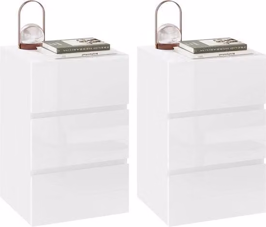 Set di 2 comodini moderni con 3 ripiani in finitura alta - Bianco - Tavolo multifunzionale per la camera da letto e il soggiorno - 40 x 35 x 62 cm