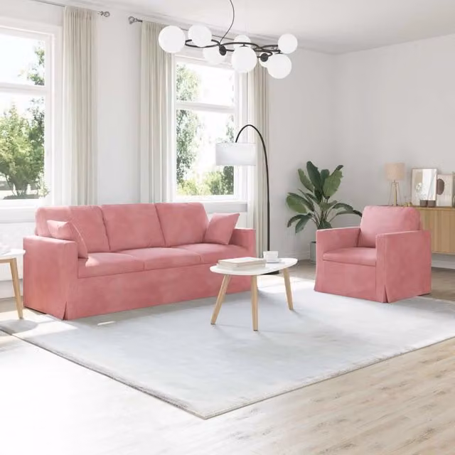 Set di 2 divani moderni vidaXL in velluto rosa con cuscini decorativi e coperture rimovibili