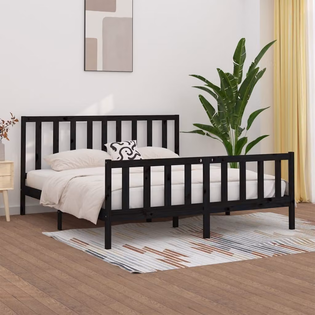 The Living Store Letto in legno massiccio nero 200x200 cm