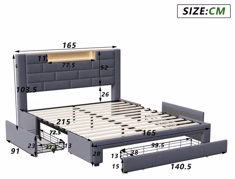 Letto imbottito - Letto matrimoniale 160 x 200 cm - 3 cassetti - Testiera con illuminazione LED - Letto contenitore - Rivestimento in velluto - Grigio