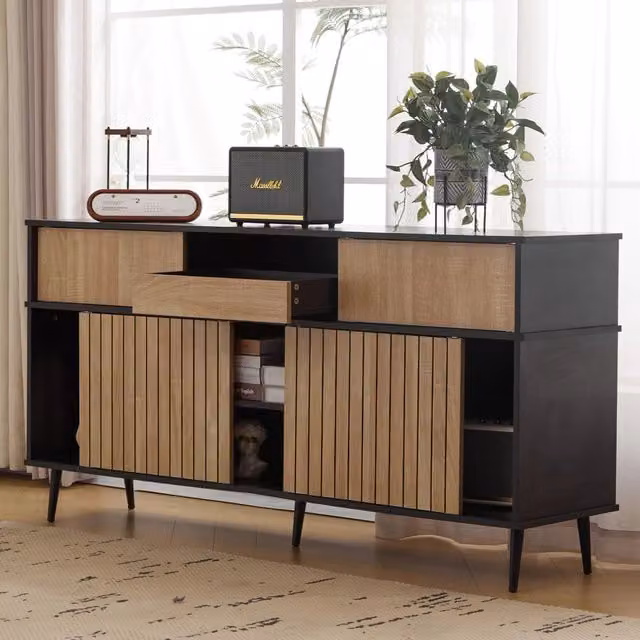 Credenza moderna REDOM in legno e metallo con finitura opaca, colore nero e marrone, L: 160 cm, P: 40 cm, H: 80 cm – 1