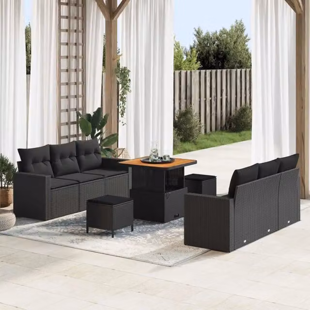 Set Divano da Giardino 9 pz 6-Numero di posti Nero polyrattan 3363514