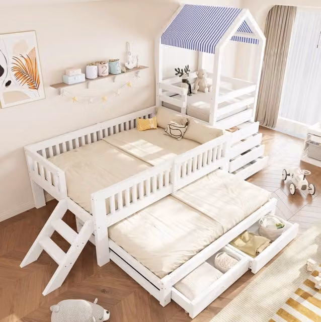 Letto a castello per bambini 90x200 cm con letto estraibile, cassetti e scaletta