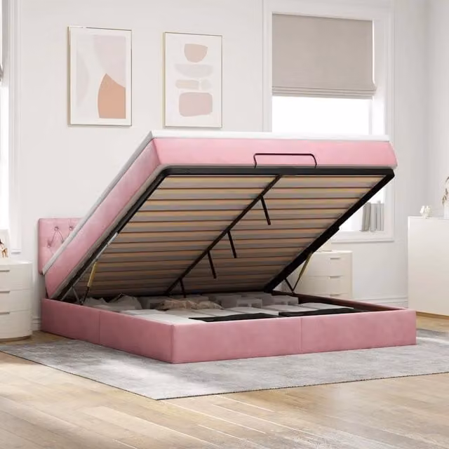 Letto con contenitore a sollevamento vidaXL in velluto rosa e bianco L 160 x P 200 cm