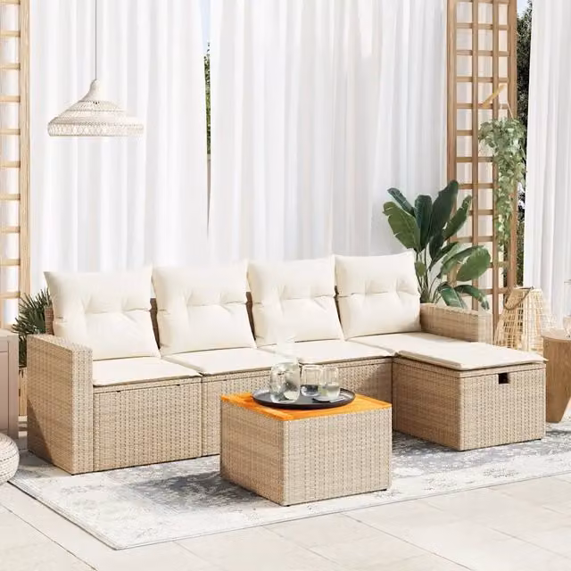 Set Divano da Giardino a L vidaXL in Polyrattan con Cuscini Beige e Tavolino da Esterno 6 Pezzi