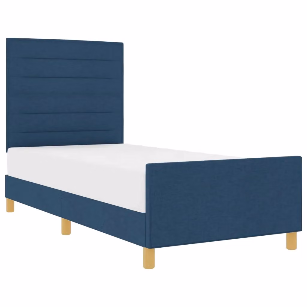Struttura del letto con testiera e giroletto imbottito in tessuto blu L 100 x P 200 cm – 2