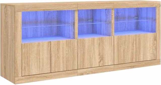 Buffet credenza con luci LED e inserti in vetro per cucina e soggiorno, finitura rovere marrone, L 162 x P 37 x H 67 cm
