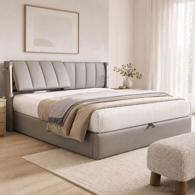 Letto matrimoniale 140x200 cm in PU grigio con LED, porta USB e vano contenitore