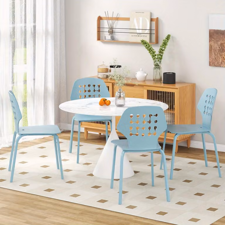 Set di 4 moderne sedie da pranzo con schienale in tessuto intrecciato e gambe in metallo, comode sedie per la cucina, colore blu