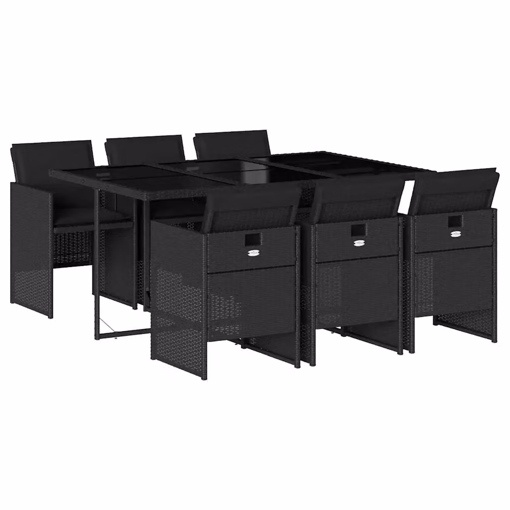 Set da pranzo da giardino vidaXL in polyrattan nero con cuscini e tavolo in vetro per 7 persone – 2