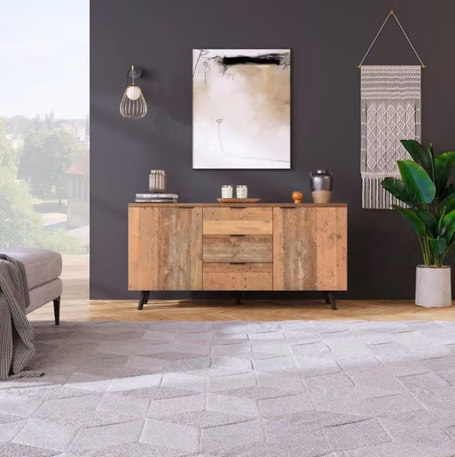 Credenza moderna in MDF marrone per soggiorno o cucina con ripiani regolabili L: 140 cm, P: 35 cm, H: 70 cm