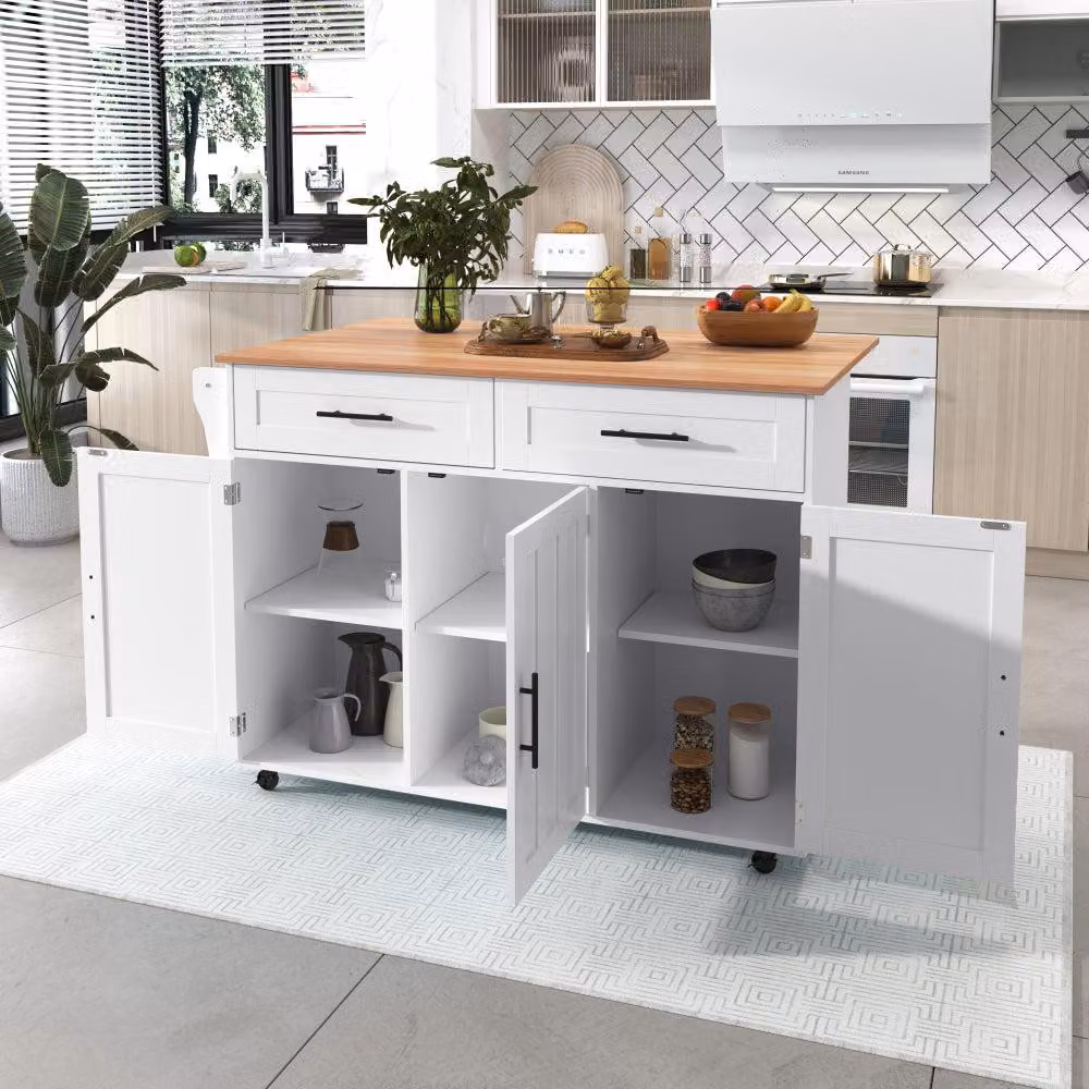 Isola da cucina – mobile bianco mobile con piano pieghevole, armadio contenitore e ripiani