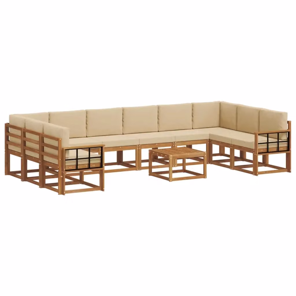 Set di divani da esterno vidaXL in legno di acacia con cuscini, colore beige e marrone, composizione a L con tavolino da caffè, 11 pezzi – 2