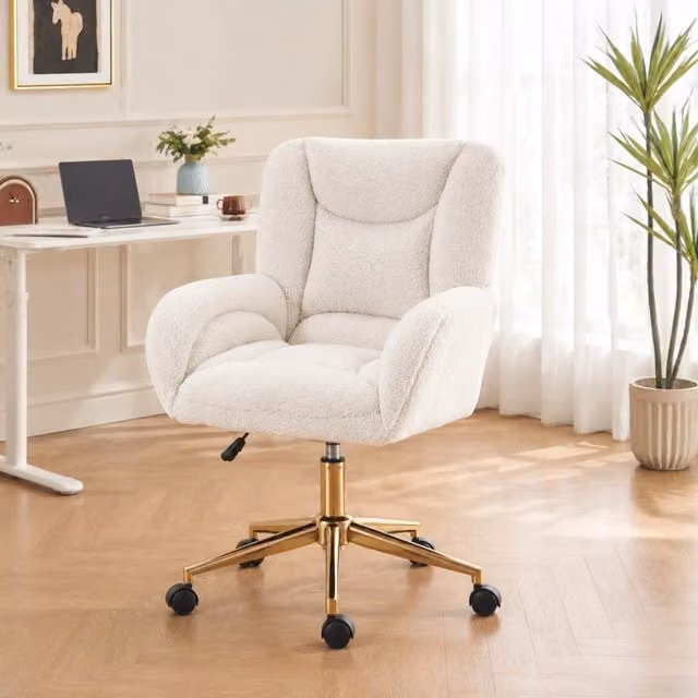Sedia da Ufficio in Tessuto Teddy 64x62x92;5 cm; Regolabile e Girevole a 360°; Bianca; per Studio; Camera e Home Office