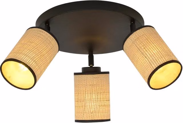 Plafoniera Tonda Bronx Luceart-Classic con 3 Luci Regolabili in Acciaio Nero e Rattan Beige