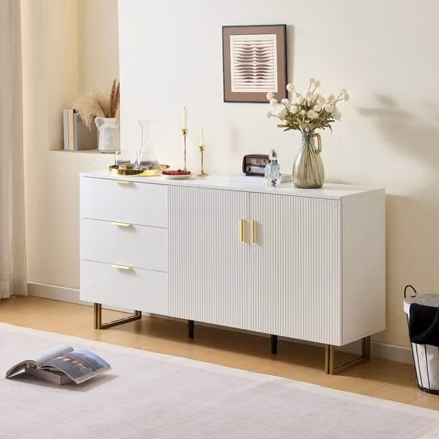 Credenza moderna in MDF bianco e dettagli oro con 3 cassetti e 2 ante, L 160 cm x P 40 cm x H 81,5 cm