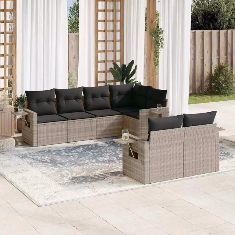 vidaXL Set Divani da Giardino a L con Cuscini 7pz in Polyrattan e Metallo Grigio Chiaro