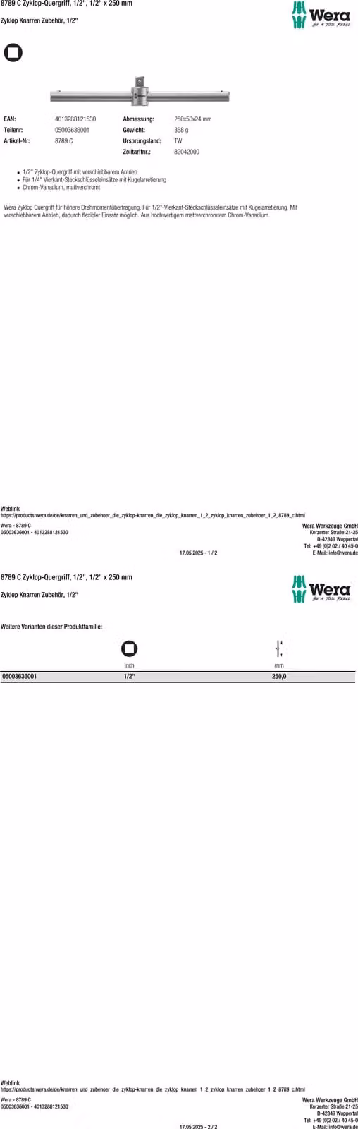 Wera 8789 C 05003636001 T-handle Drive (screwdriver) 1/2 (12.5 mm) 250 mm 1 pc(s)