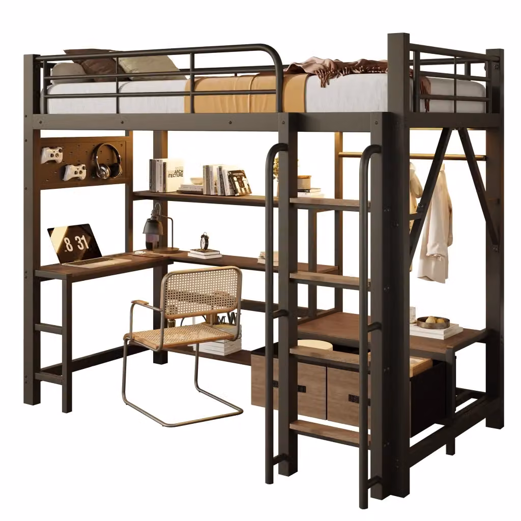 Letto a soppalco Chicfurn per bambini in nero con scrivania, ripiani, 2 cassetti, porte USB, illuminazione LED e scala, L/P/H: 204 x 90 x 170,5 cm – 2