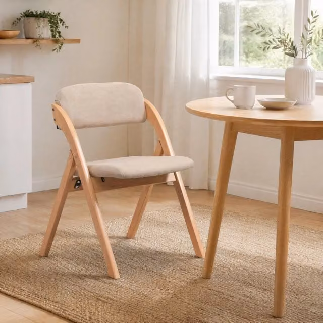 Set di 2 sedie pieghevoli OKWISH in legno massello con seduta imbottita beige per cucina e sala da pranzo
