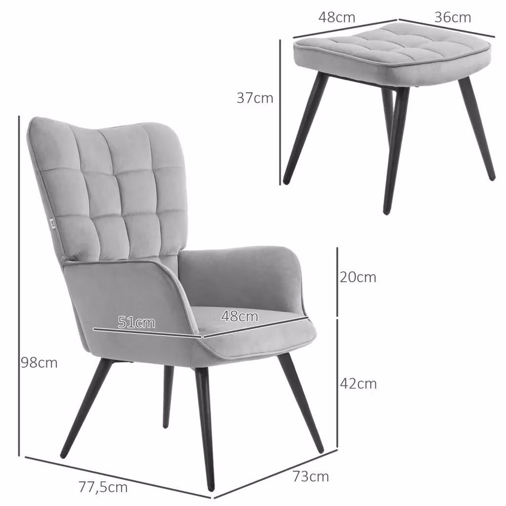 Set relax WISHDOR composto da poltrona con pouf in velluto grigio chiaro e struttura in metallo per soggiorno o ufficio – 2