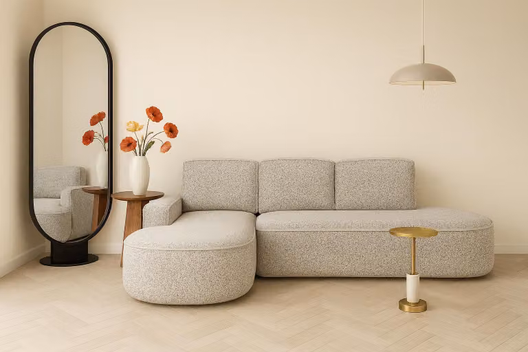 Divano ad angolo Sofello, salotto componibile moderno di forma arrotondata MOLLY con funzione letto, dalle linee arrotondate. Il successo del 2025!