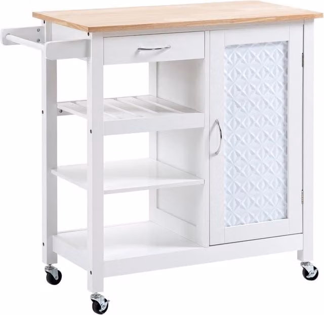 Per casa: Carrello da cucina bianco 92x40x84cm con 1 cassetto, 1 armadietto, 1 ripiano a 3 livelli, ruote e portasciugamani