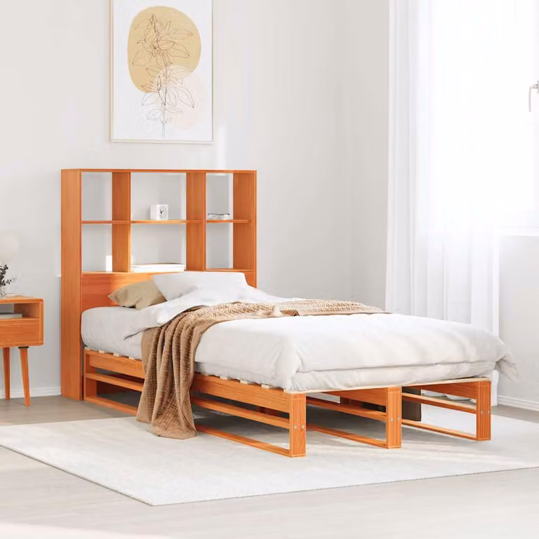 Letto Libreria vidaXL in Legno di Pino Marrone Cera con Ripiani Laterali L/P/H: 100 x 200 cm