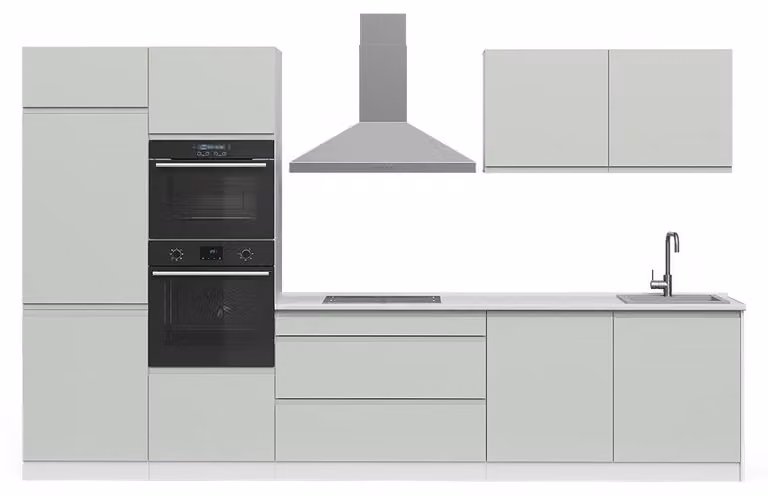 Cucina componibile Vicco R-Line Verde pastello/Bianco 340 cm piano di lavoro Satin, Model 70601