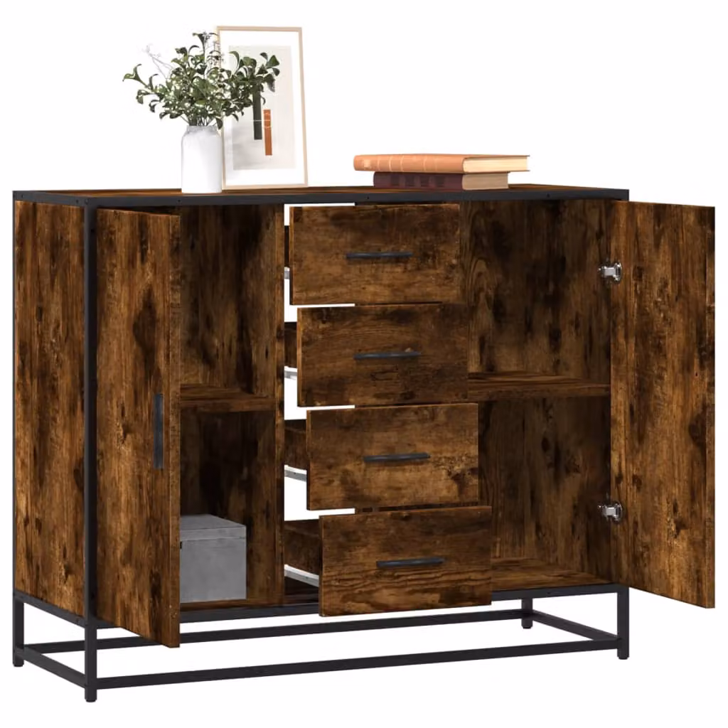 Credenza vidaXL in stile industriale in legno e metallo, colore Rovere Fumo, L 92 cm x P 35 cm x H 76 cm