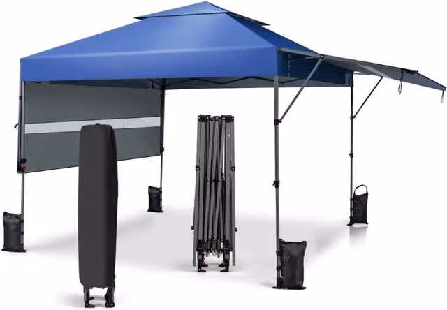 Tenda Pop-up istantanea all¡¯aperto con doppia mezza tenda, Tettoia regolabile in altezza 3x5,37m Blu