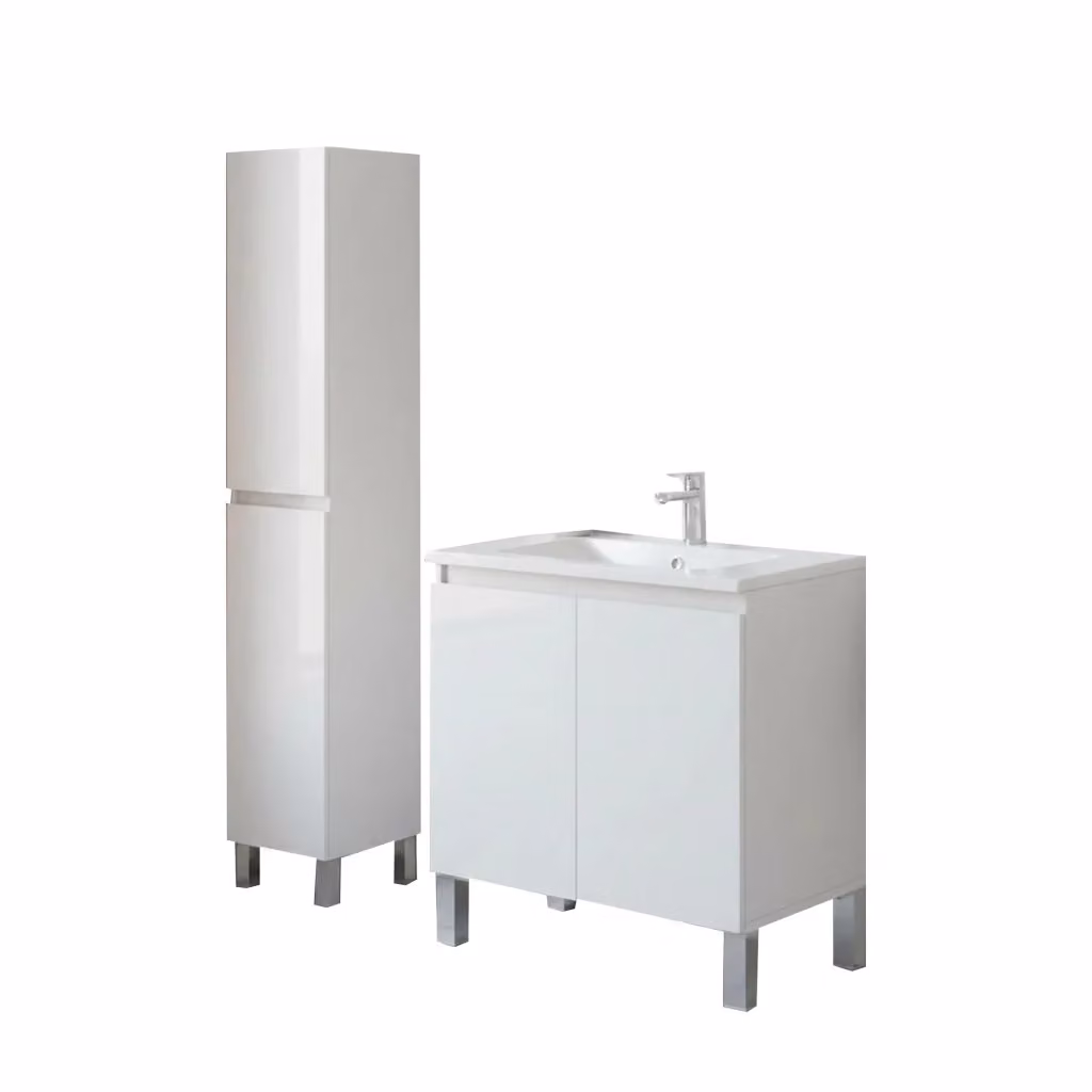 Set Mobili Bagno DMORA Moderno Bianco Lucido con Mobile Lavabo e Colonna con Ante a Battente e Ripiani Interni H: 182 cm, L: 60 cm, P: 40 cm – 2