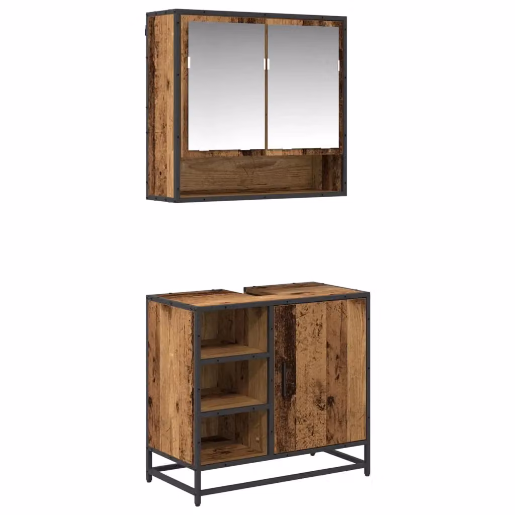 Set di mobili da bagno vidaXL composto da mobile sottolavabo e pensile con specchio in legno e metallo marrone, design moderno, montaggio a parete – 2