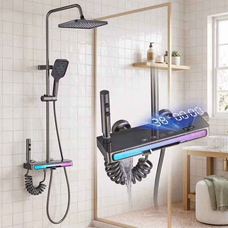 Sistema doccia completo con miscelatore, doccia a pioggia e barra porta-doccia regolabile da 70 a 133 cm