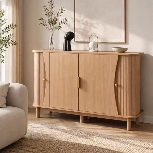 Credenza moderna in MDF con 3 vani e ante a doghe verticali, colore naturale, L/P/H: 140 x 40 x 88 cm