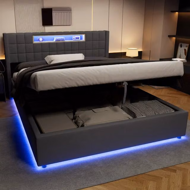 Letto matrimoniale imbottito 160x200 cm con LED; prese elettriche e porte USB; cassetti contenitore; struttura in metallo