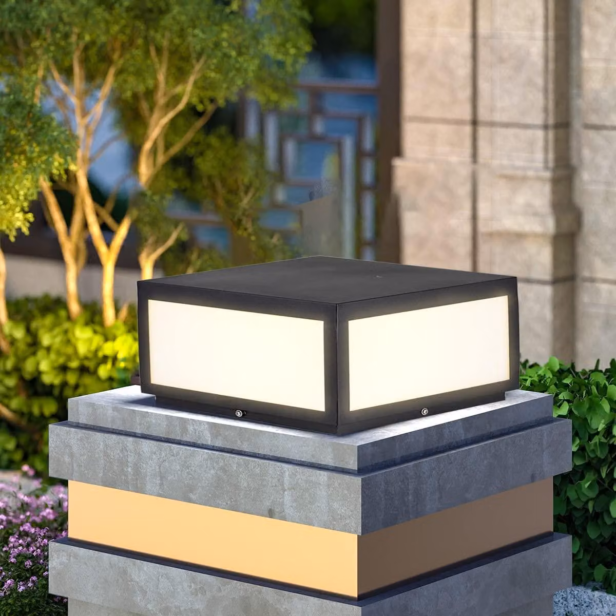 Cappello per palo a LED, acciaio inossidabile nero, grado di protezione IP55, 25x25 cm, 3000 K (bianco caldo), 1 pezzo