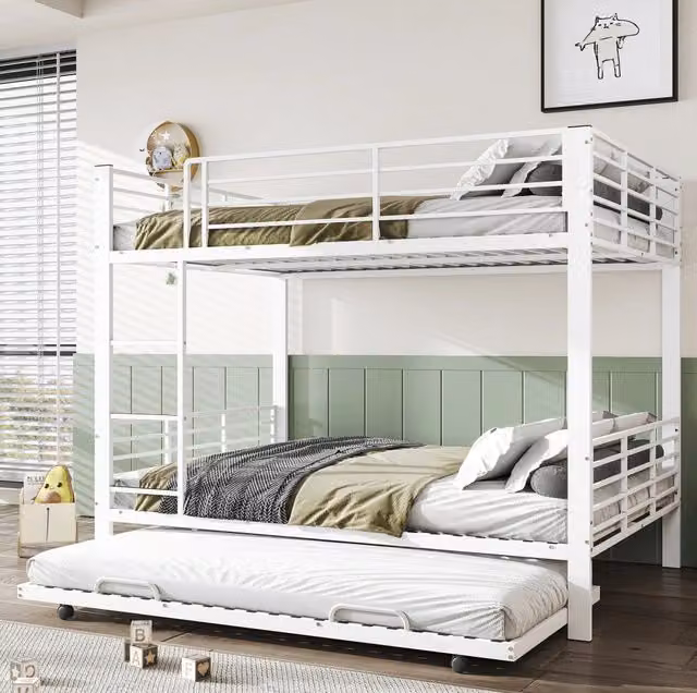 Letto a castello in metallo bianco 140x200 cm con letto estraibile per 3 persone
