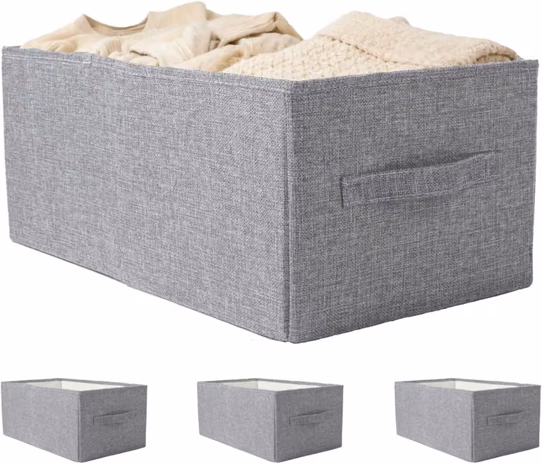 Scatole portaoggetti, set da 3, in lino, 18x11x8 pollici, grigio, pieghevoli, per armadi
