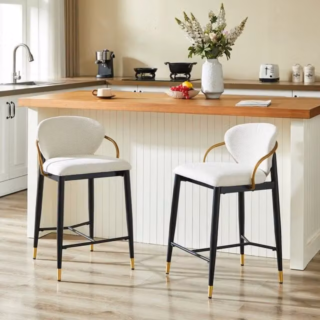 Set di 2 sgabelli da bar MINIMAL in velluto chenille beige con dettagli neri e oro e altezza regolabile