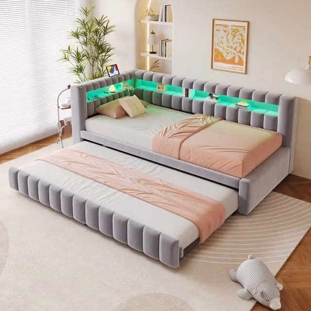 Letto divano estraibile 90×200 cm e 90×190 cm con LED, ripiani e ricarica USB, senza materasso, grigio chiaro