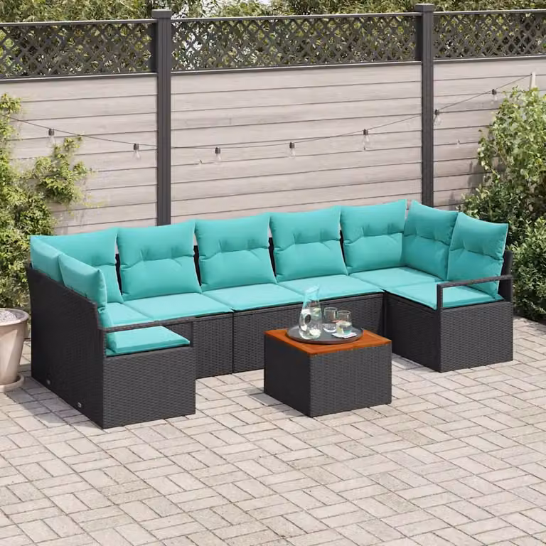 Set Divano da Giardino vidaXL 8 pz L-Shape Moderno con Tavolino e Cuscini, Colore Nero e Turchese, Struttura in Acciaio e Polyrattan