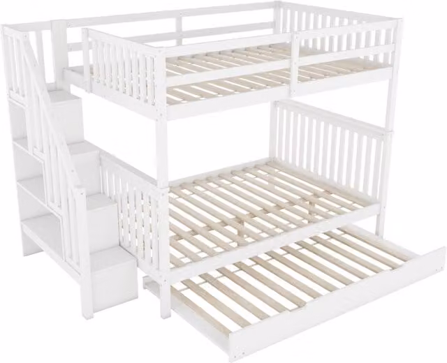 Letto a castello Chicfurn per bambini in legno e MDF bianco con letto estraibile, scala e scomparti laterali, L/P/H: 200 x 140 x 160,5 cm