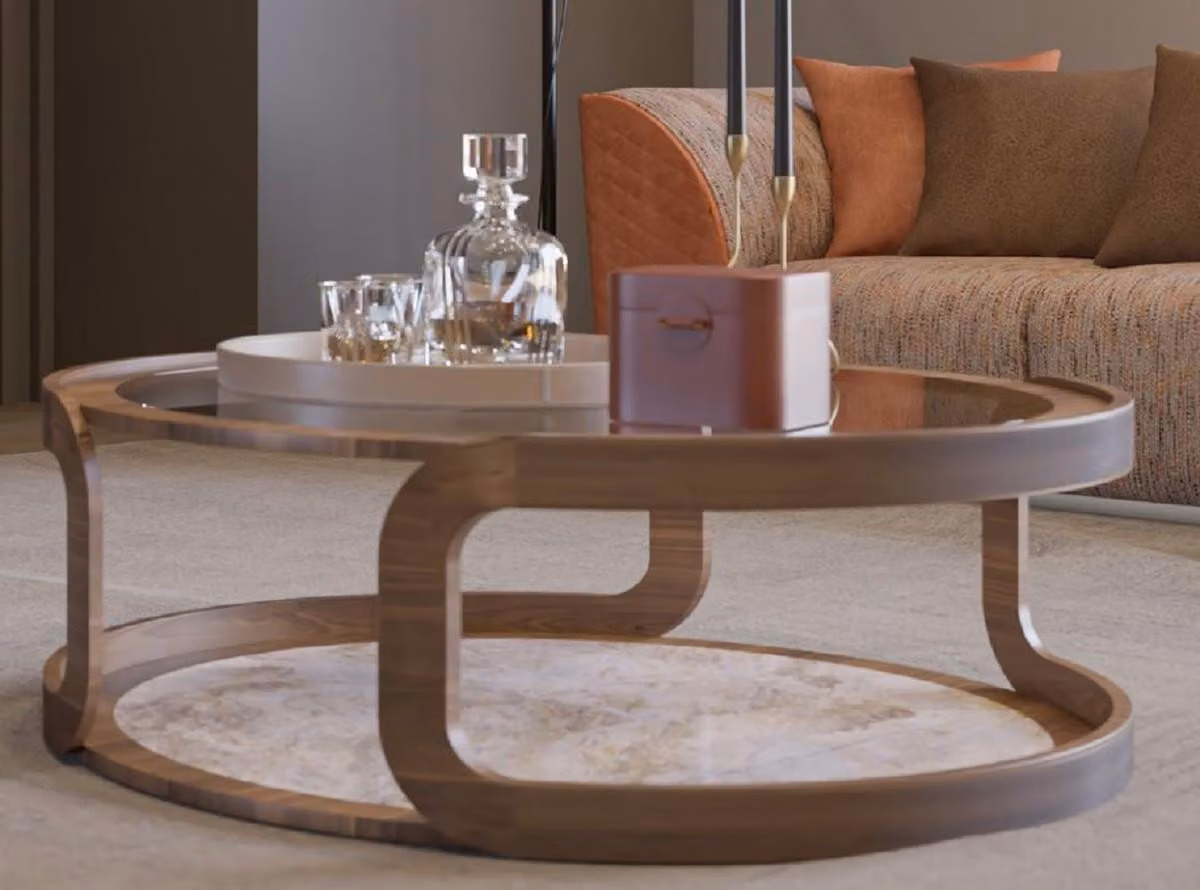 Casa Padrino Luxury Coffee Table Brown / Beige Ø 120 x H. 40 cm - Tavolo da salotto rotondo in legno massiccio con piano in vetro e piano in marmo - Mobili da salotto - Mobili per hotel - Mobili - Arredi