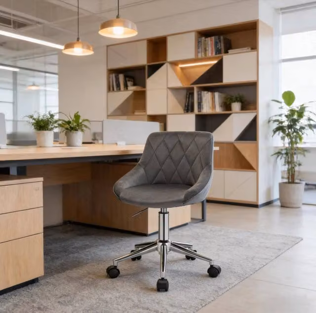 Sedia da ufficio girevole in velluto grigio scuro con struttura in metallo e ruote per home office – 1