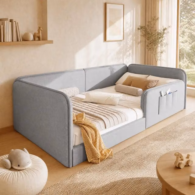 Letto bambino 90x200 cm in MDF e lino grigio con tasche laterali, senza materasso –